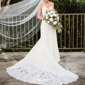 Stella York white lace chiffon floral romantic flowy backless gown